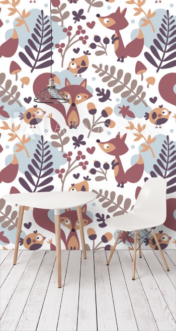 Picture of Seamless cute autumn pattern made with fox bird flower plant leaf berry heart friend floral nature acorn Rowan mushroom wild